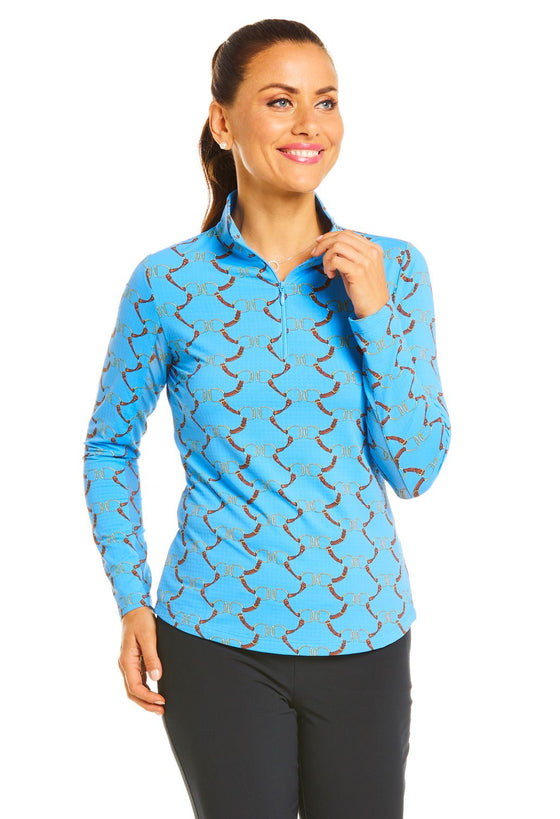 Ibkul Icifil Long Sleeve Sun Shirt: Belmont Blue  Print Zip Mock - SPF 50