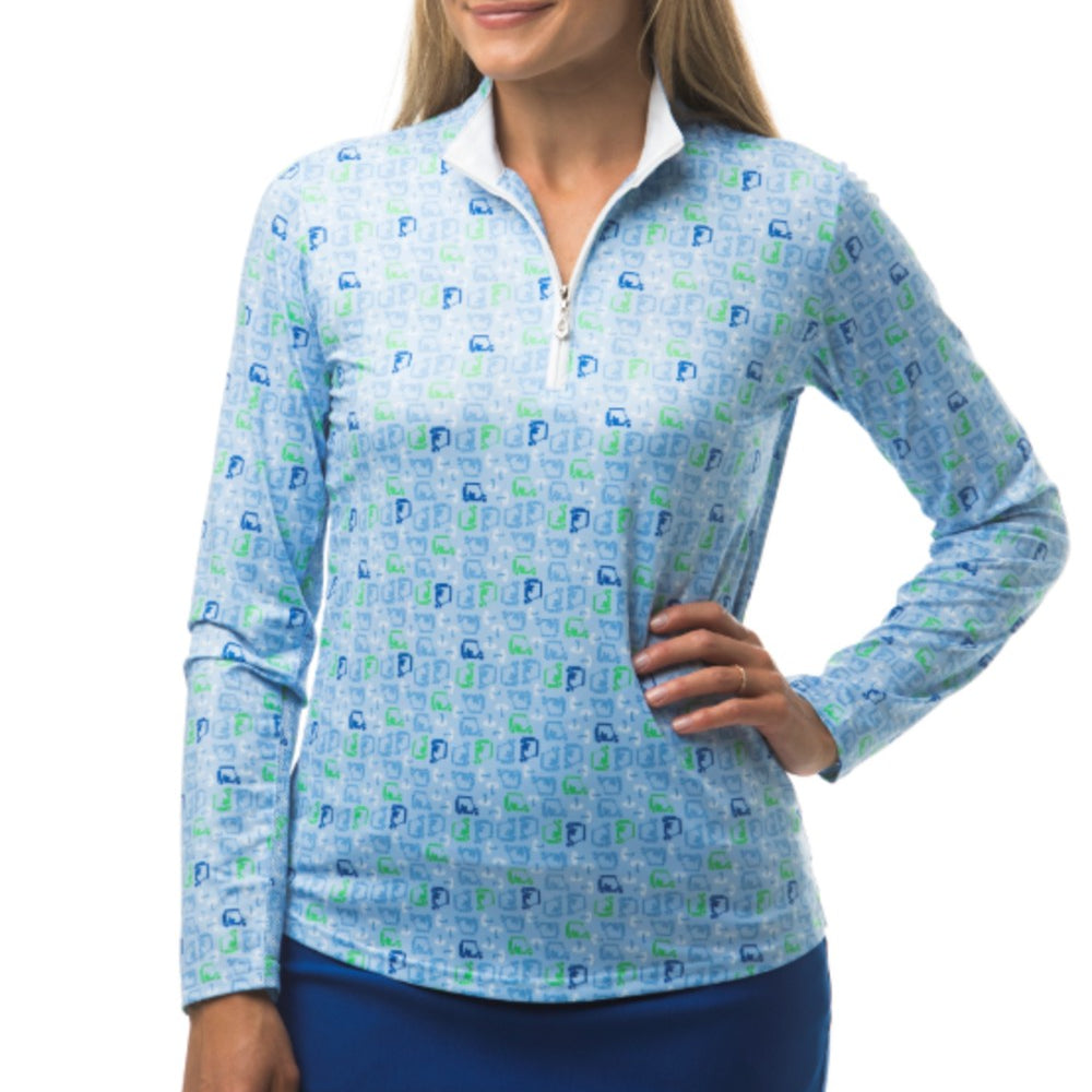SanSoleil SolCool Print Zip Mock. 900463  Golf Cart Derby Blue | SPF 50