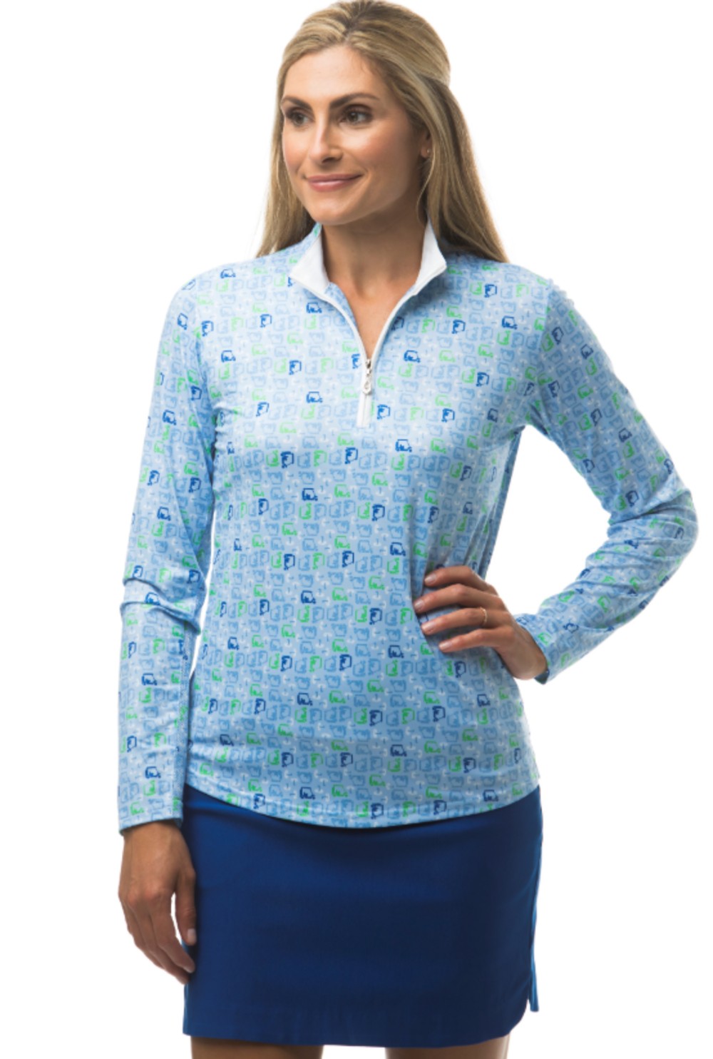SanSoleil SolCool Print Zip Mock. 900463  Golf Cart Derby Blue | SPF 50